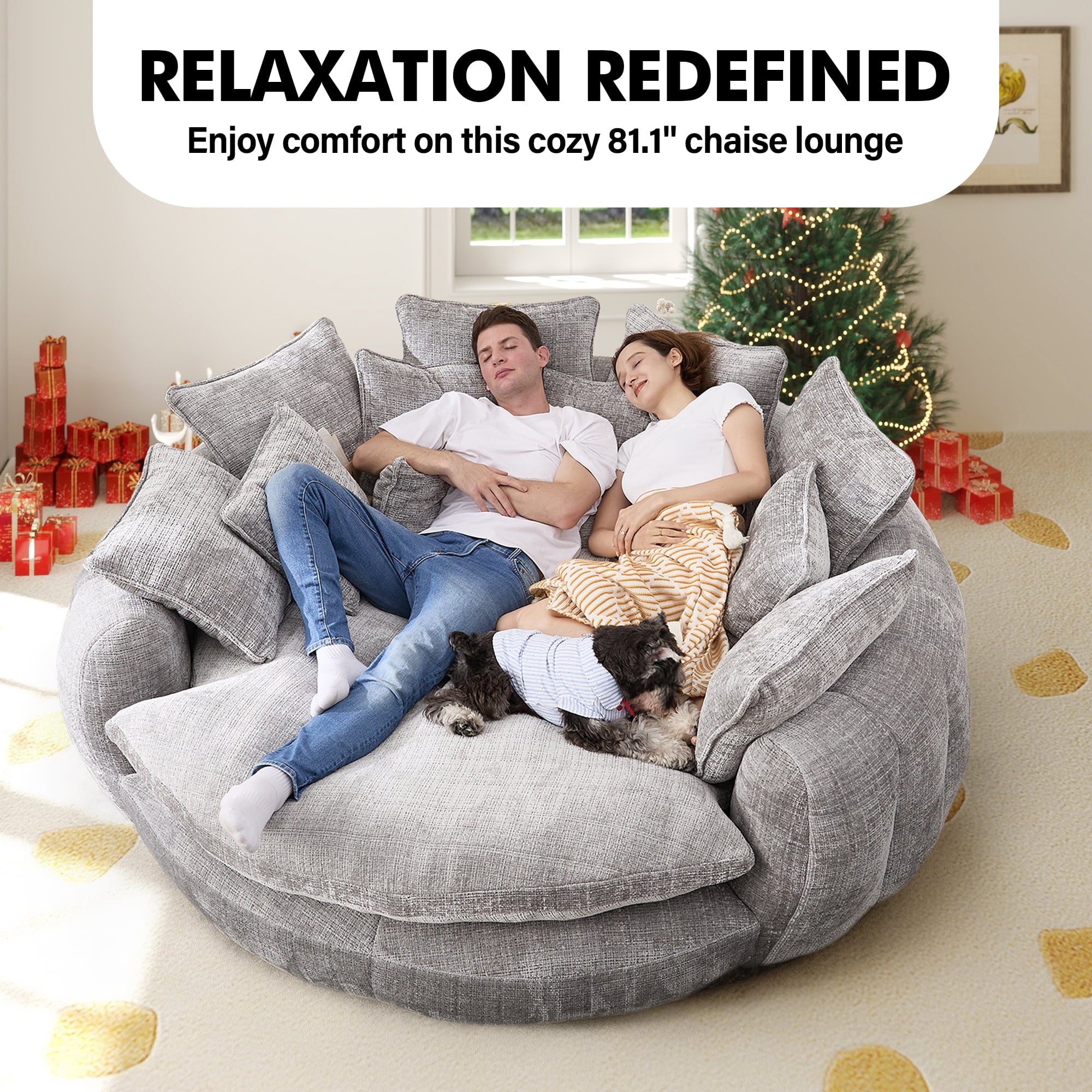  81" Oversized Round Chaise Lounge Sofa Bed, Modern Chenille Cloud Couch with Deep Seat, 14 Pillows, Assemble-Free, Light Gray