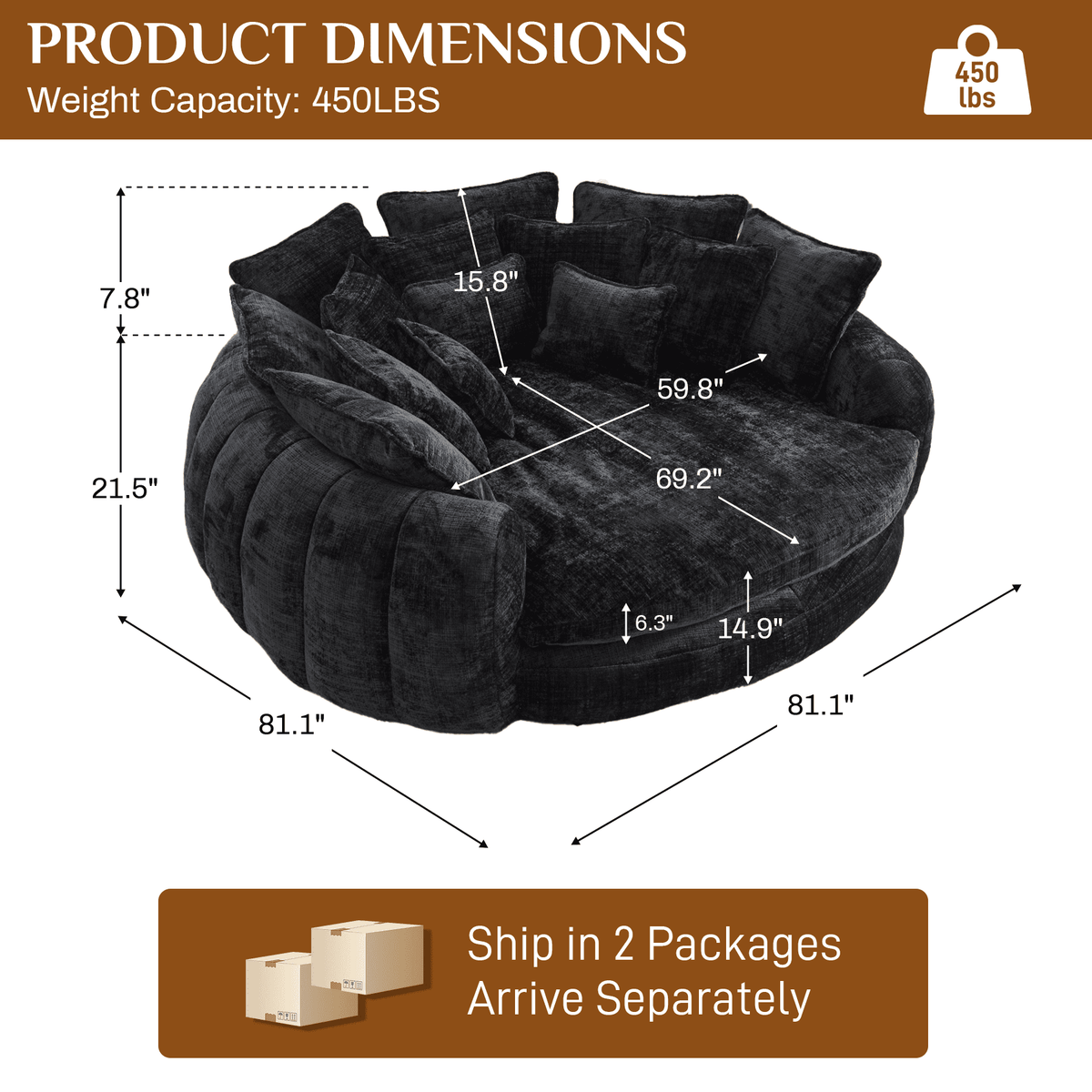 Rophefx 81.1" Oversized Round Chaise Lounge Sofa Bed,Fluffy Plush Cloud Couch with Deep Seat and 14 Pillows,Modern Comfy Couch for Living Room Apartment,Black