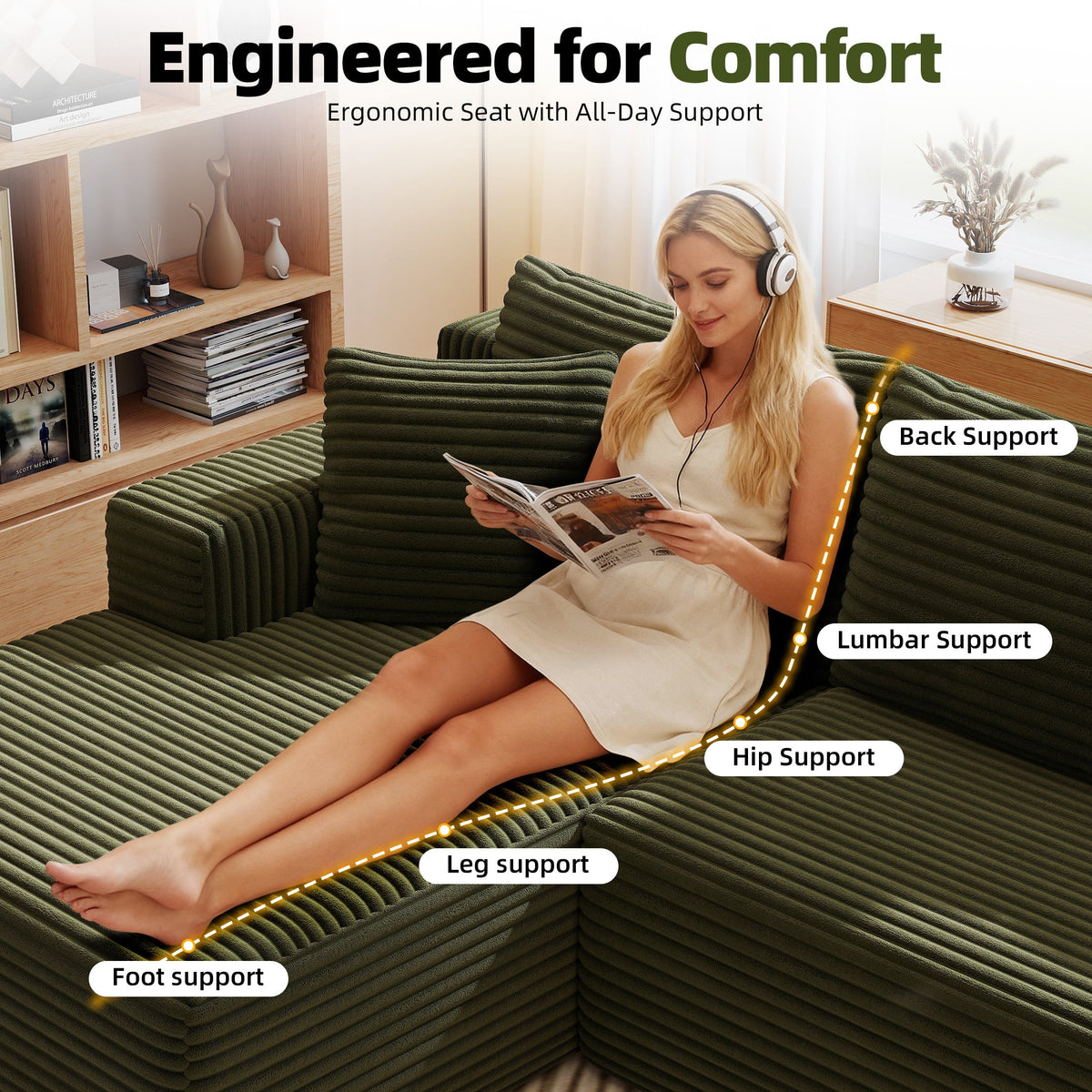 AENKYO 96" Cloud Modular Sectional Sofa with L-Shape Chaise, Deep Seat Corduroy Upholstered Couch, No Assembly Required, Green