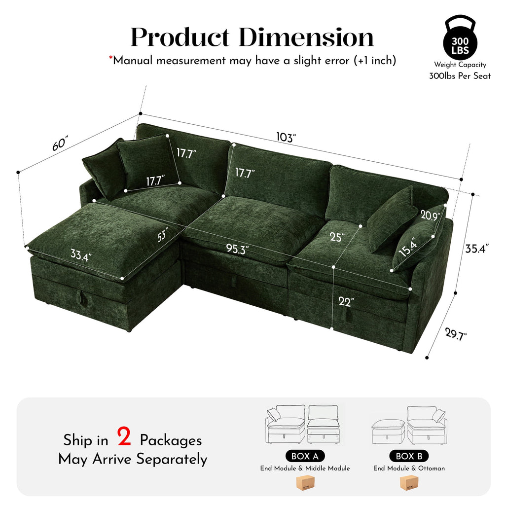 Hombryzy 103" Deep Seat Sectional Sofa with Storage, L Shaped Cloud Couch with Movable Ottomans for Living Room,Green