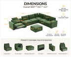 BEDEEP 169.7'' Power Recliner Sofa with Headrest Console, Modular Cloud Sectional Chenille Reclining Couch with Storage Ottoman Chaise, Convertible 7-Seater Sofa Couch for Living Room RV, Green