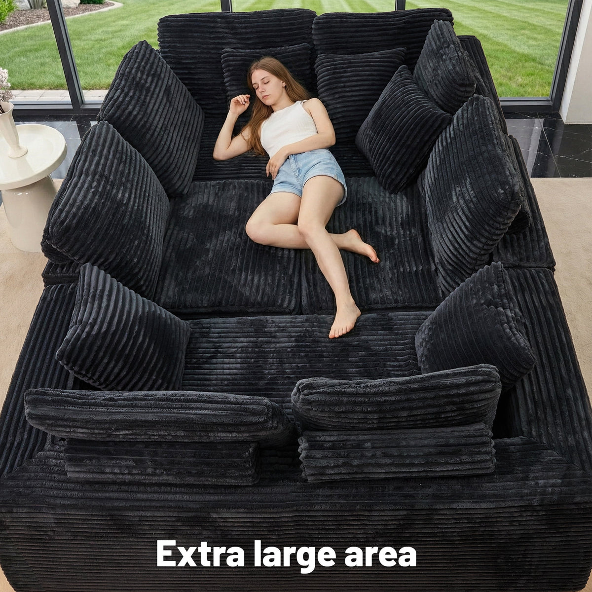  135.5" Sectional Couch, Black U Shaped Sofa for Living Room, Boneless Cloud Couch with Chaise,6-Seater, Corduroy Fabric, Freely Configurable Layout