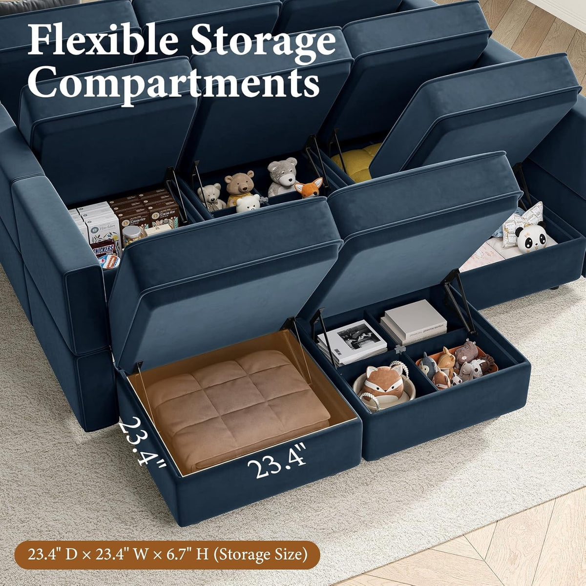  Sectional Couches with Storage Seats, 118" L Shaped Convertible Modular Sectional Sofa, 4 Seat & 1 Ottoman Velvet Storage Chaises Deep Seat Couch for Living Room, Bedroom, Apartment, Blue