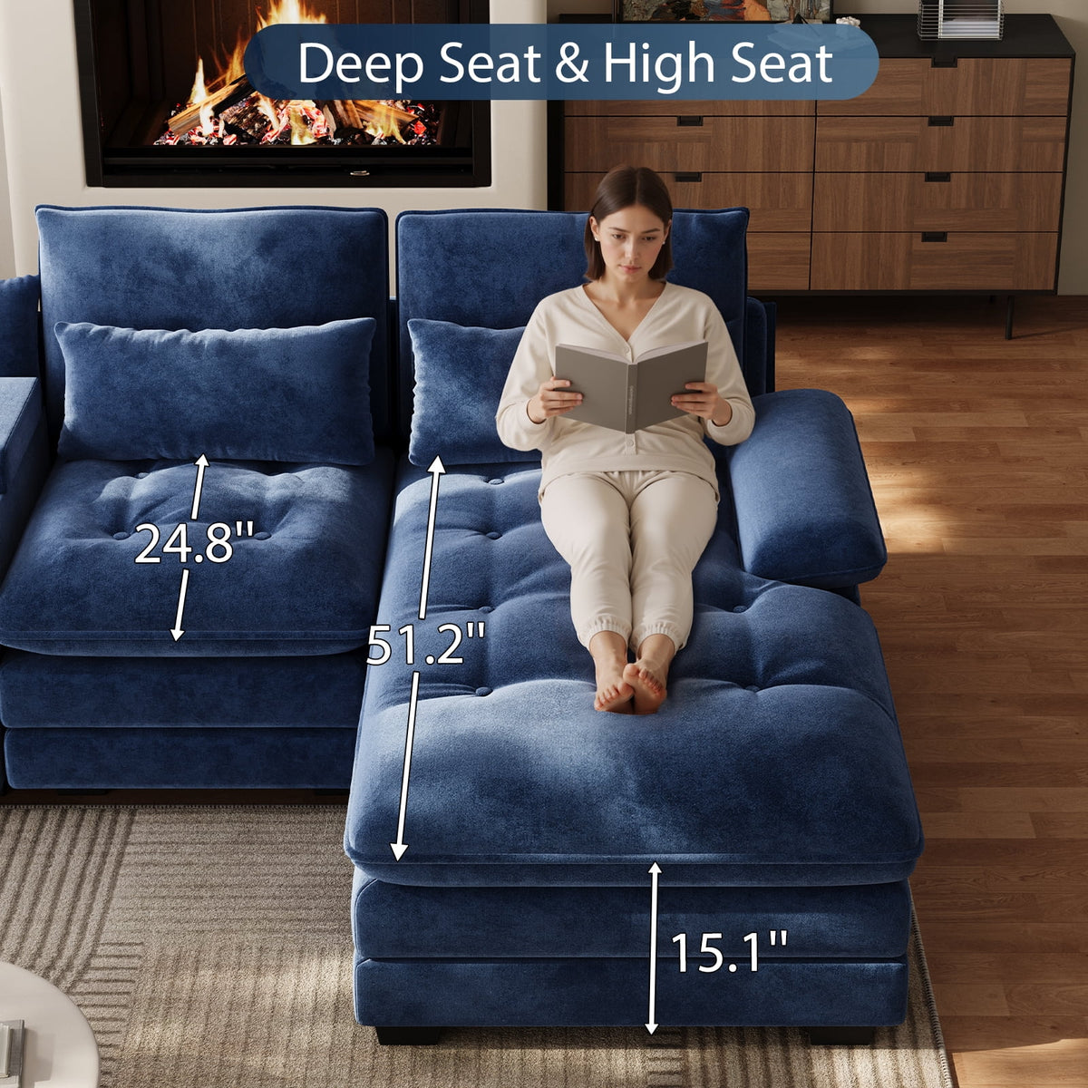 Rophefx 134" Oversized U Shaped Modular Sectional Sofa, 6 Seater Chenille Cloud Couch with Storage Console, Cup Holders and USB Ports for Living Room,Blue