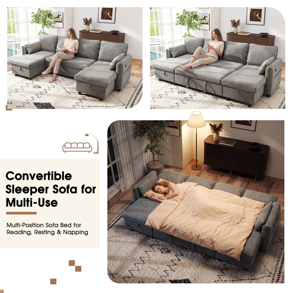 Hombryzy 109" Sectional Sleeper Sofa Bed with Storage Chaise, USB Charging Port, Pull Out Bed & Adjustable Backrest, U Shaped Couch for Living Room, Chenille Gray