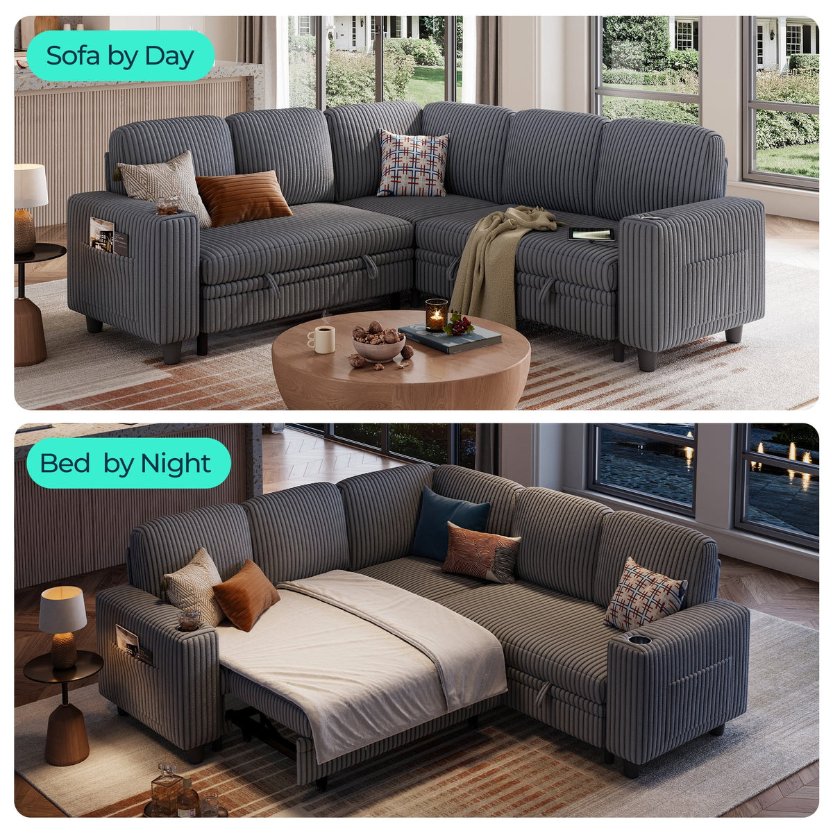  L Shaped Sectional Couches for Living Room, Sleeper Sofa Bed with Storage Seat, Pull Out Couch Bed with Cup Holder, Dark Gray