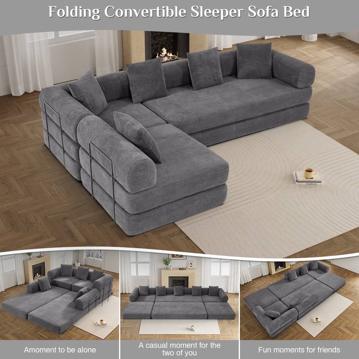 157" Convertible Sleeper Sofa Bed,Corduroy Futon Sofa Couch with High-Density Foam,Deep Seat Sofa for Living Room, Bedroom,Gray
