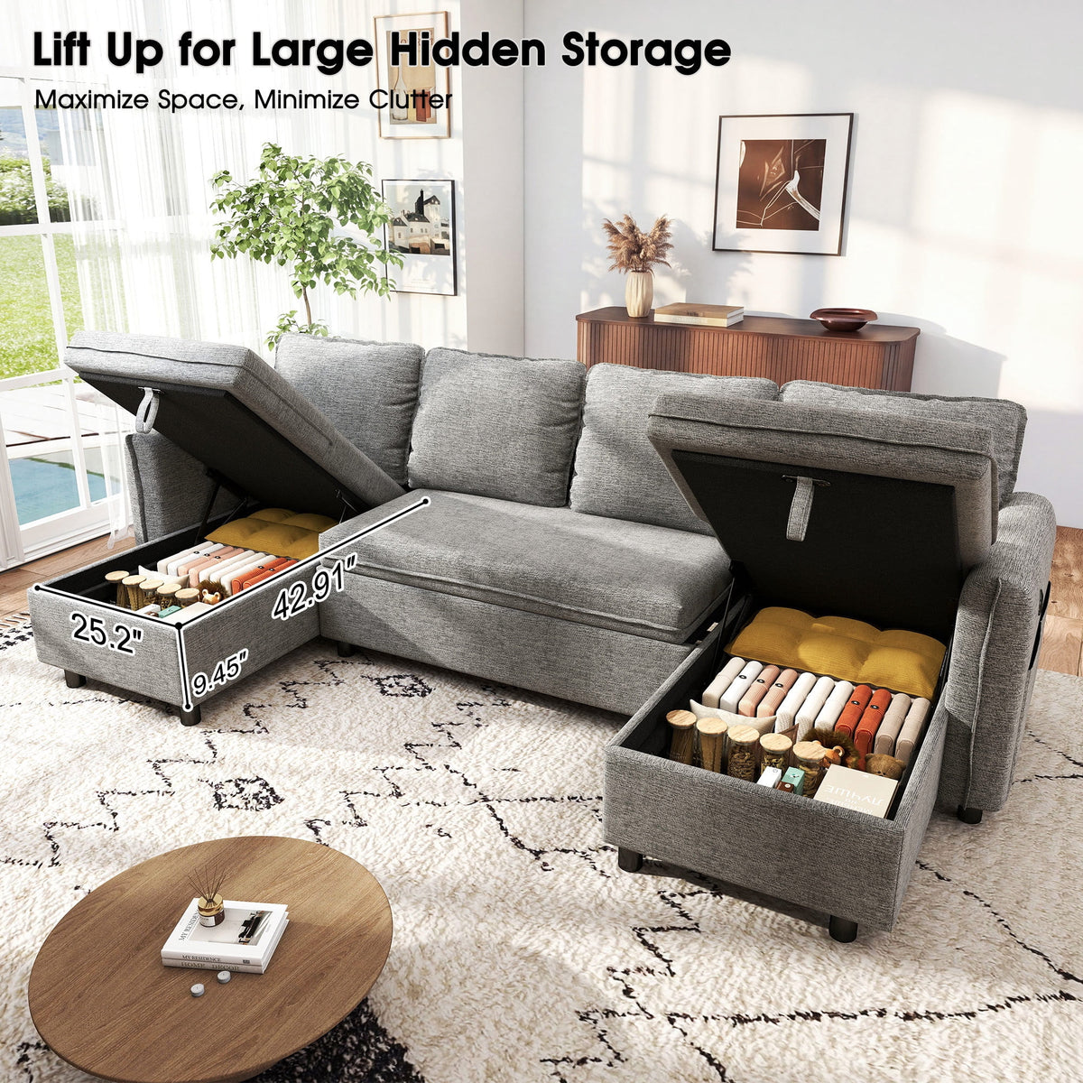 Hombryzy 109" Sectional Sleeper Sofa Bed with Storage Chaise, USB Charging Port, Pull Out Bed & Adjustable Backrest, U Shaped Couch for Living Room, Chenille Gray