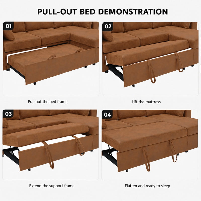 82.5" L-Shaped Convertible Sleeper Sofa, Pull-Out Sectional Sofa Bed with Storage Chaise, Cup Holders & 2 Lumbar Pillows, Modern Sofa Couch for Living Room, Apartment