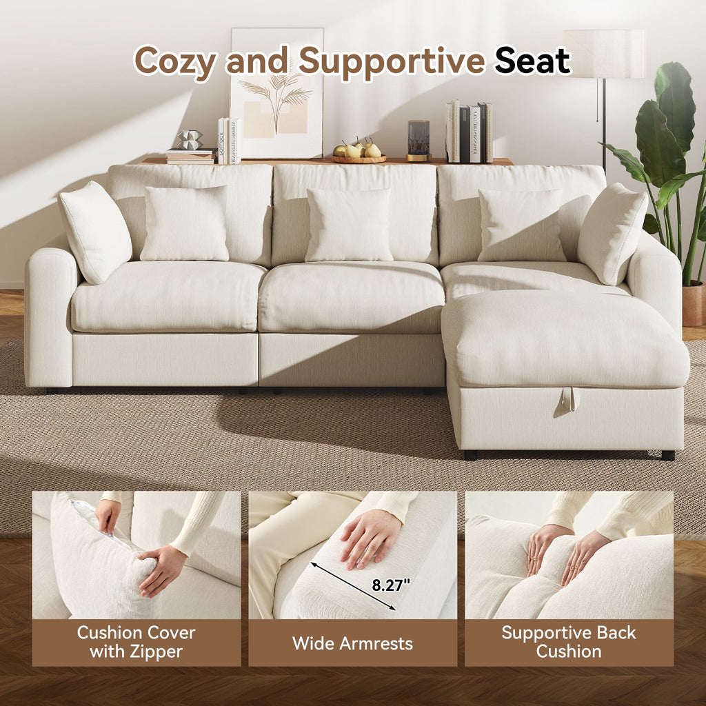  110" Large Modular Sectional Cloud Sofa with Removable Storage Ottoman, Extra Deep Seat Couch, Living Room Furniture, Chenille Beige