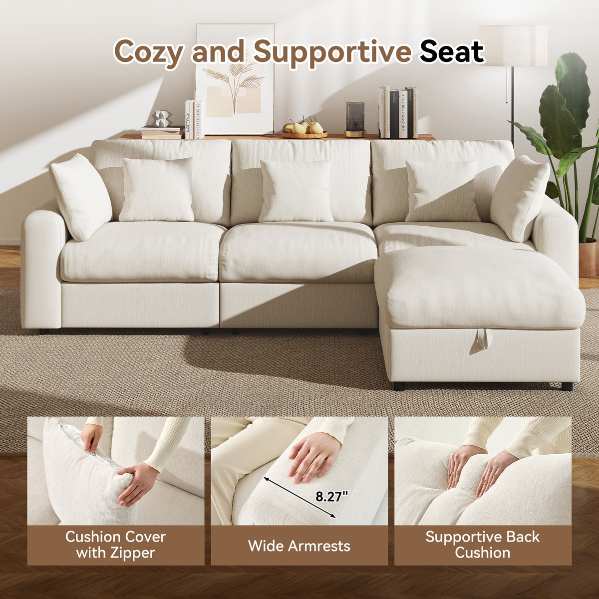  110" Large Modular Sectional Cloud Sofa with Removable Storage Ottoman, Extra Deep Seat Couch, Living Room Furniture, Chenille Beige