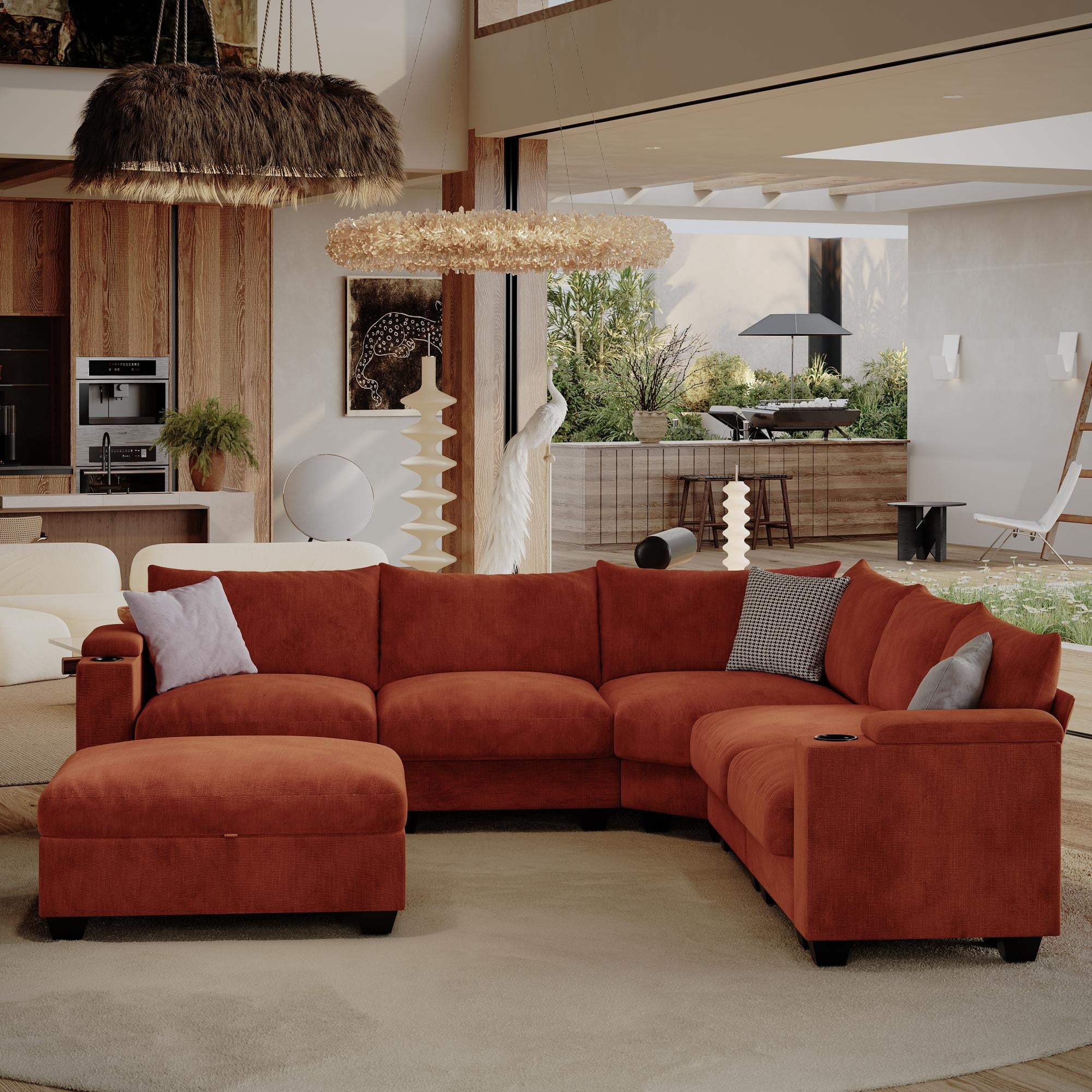 ZX Design 107.1" L-Shaped Modular Sectional Sofa, 6-Seater Deep Seat Couch with Storage Ottoman, Console, USB Type-C & Cup Holders for Living Room