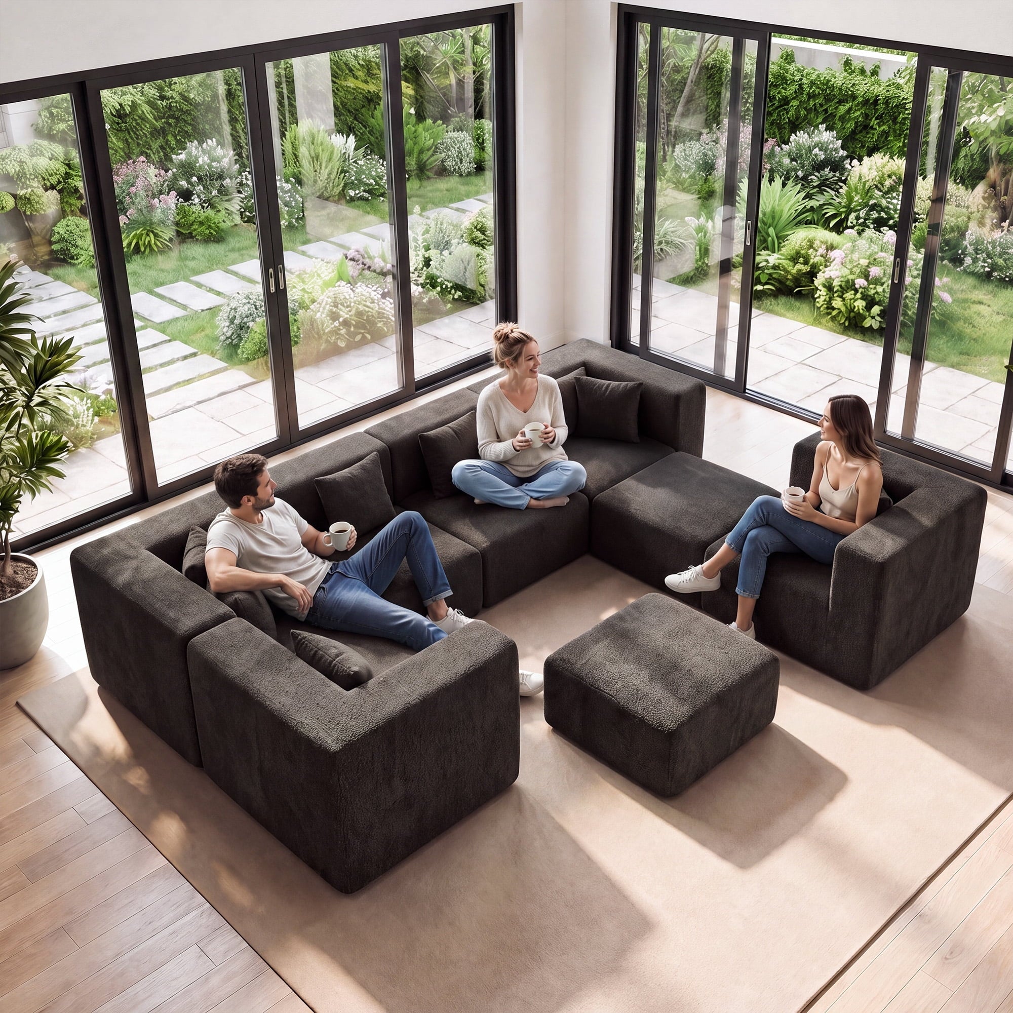  130" 8-Piece Modular Sectional Sofa with Ottomans, U-Shaped Pit Couch for Living Room, Modern Teddy Fabric Cloud Couch Set, Large Sleeper Sofa with Deep Seats, Coffee Brown