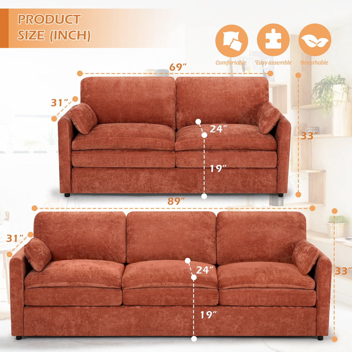 FamiTOP Chenille 69? Love Seat & 89? 3-Seat Sofa w/Thick Seat & Backrest Cushions, Modern Couch Set with Soft Pillows, Upholstered 3 Seat & 2 Seat Sofa w/Sturdy Frame for Office, Living Room, Orange