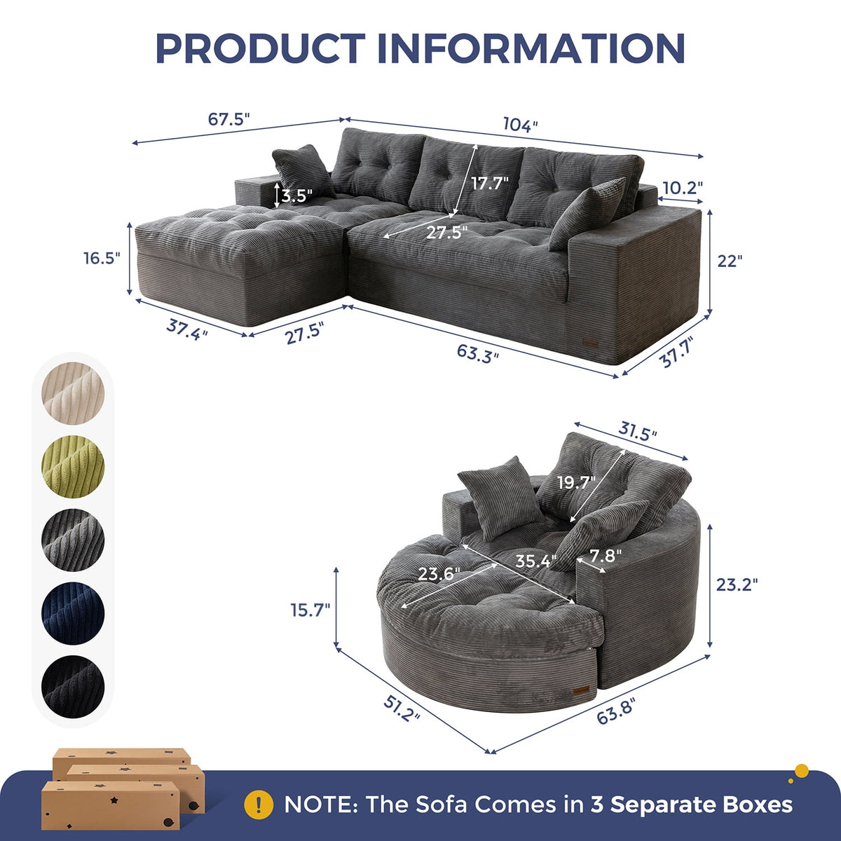 BYBYME Sofa Couch and Round Chaise Lounge,L Shaped Cloud-Plush Corduroy Boneless Floor Sofa Bed,Tufted Upholstered Sleeper Chair for Living Room,Dark Grey