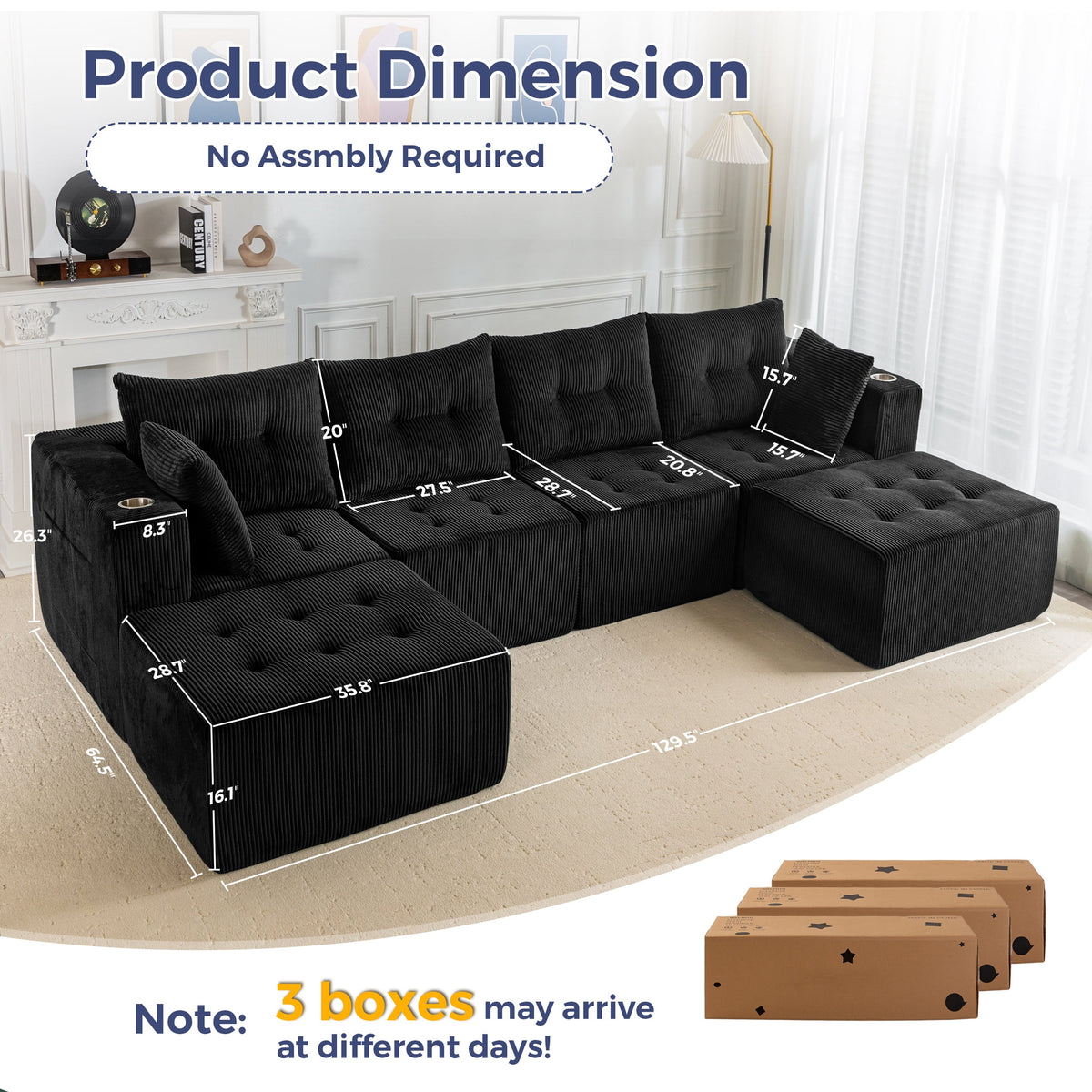 BYBYME Cloud Sectional Couch with U-Shape Chaise Modern Comfy Modular Corduroy Sofa for Living Room,Tufted 6-Seat Sleeper Chair with 2 Ottoman,Sofa in A Box,No Assembly Required,Black