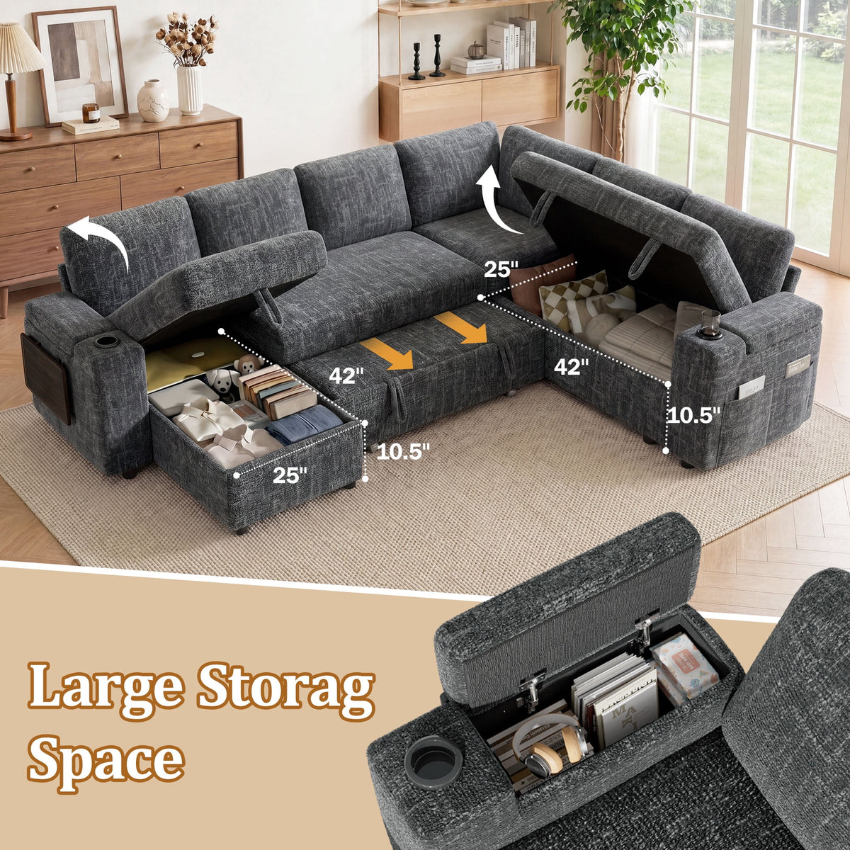 110" Modular Sectional Sleeper Sofa with Pull Out Bed, 7 Seat Plush L Shaped Couch with Storage Chaise|USB Ports|Cup Holders|Side Table|Storage Armrests, Tool Free Assembly, Chenille Fabric Dark Gray