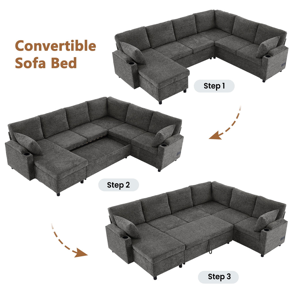 109.9" Sectional Sofa Versatile Sofa Bed Sleeper U-shaped with Storage,Two Cup Holders and Charging Ports for Living Room,Grey