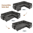 109.9" Sectional Sofa Versatile Sofa Bed Sleeper U-shaped with Storage,Two Cup Holders and Charging Ports for Living Room,Grey