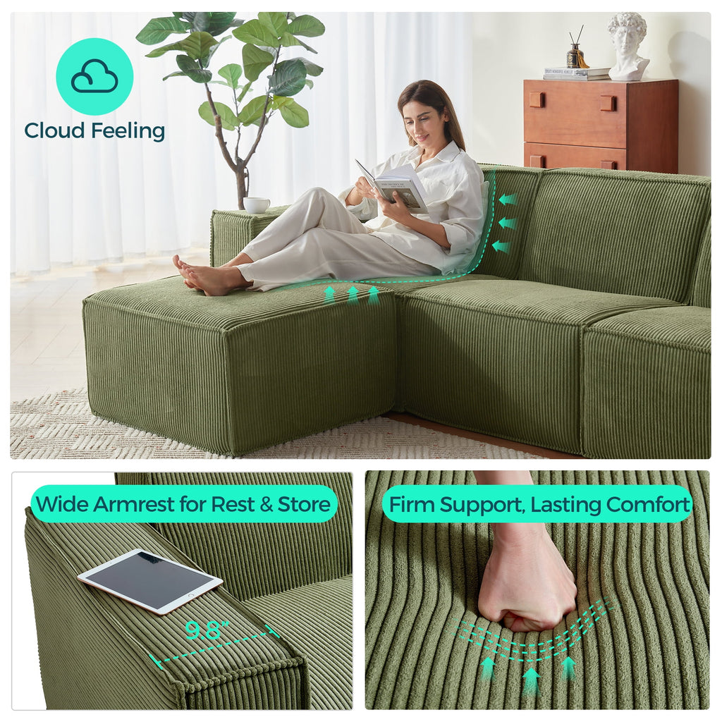  133.4" Modular Cloud Sectional Sofa for Living Room, U-Shaped Sofa Couch with Corduroy Fabric, 4 Seat Oversized Sofa with Movable 2 Ottomans, Green