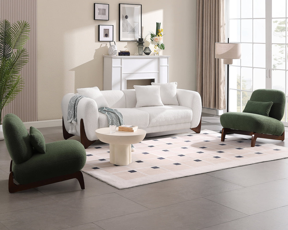 Morden Fort 87" W Cloud White Sofa Boucle Sherpa Couch, Upholstered Comfy Couch with Crescent Wood Legs and 3 Matching Pillows