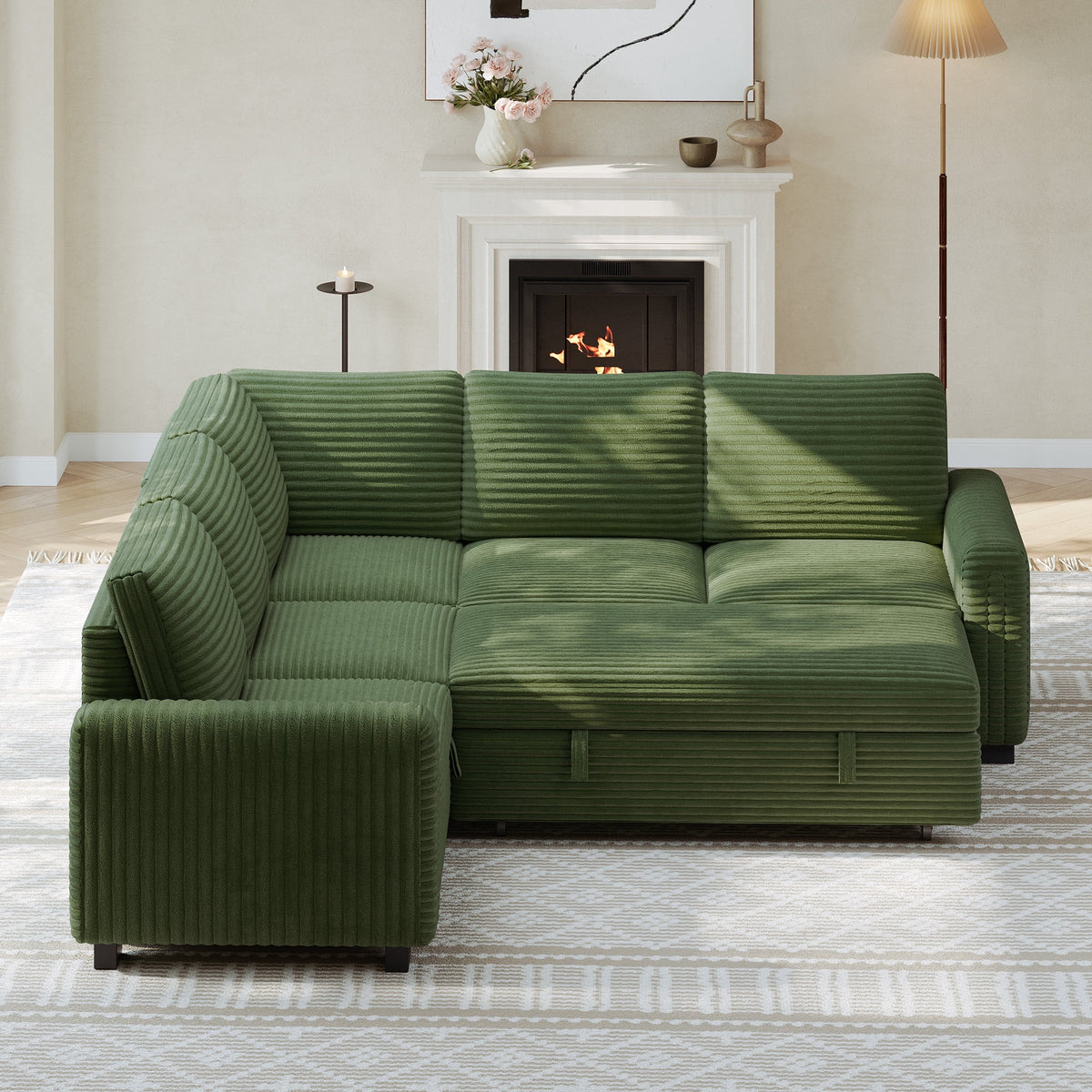  Sectional Sofa with Storage Seat L Shaped Couch with Reversible Chaise Convertible Sectional Couches for Living Room, Green
