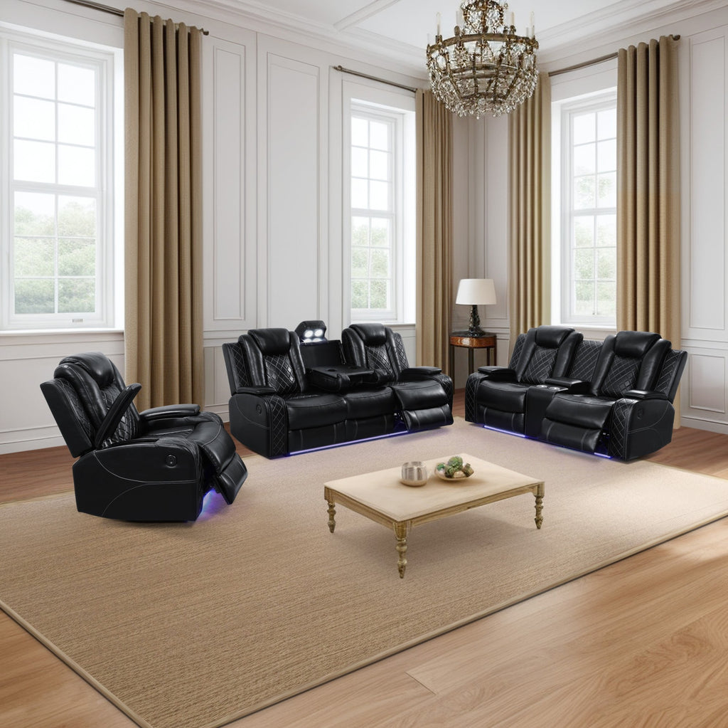  Black 3-Piece Multifunctional Smart Sofa with Console & Cup Holders, Solid Wood Frame, Double-Layer Springs and Air Leather