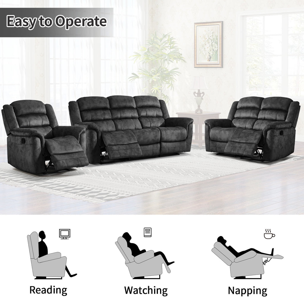  3-Piece Fabric Manual Recliner Sofa Set, Single Chair, Loveseat & 3-Seat Couch for Living Room Furniture