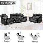  3-Piece Fabric Manual Recliner Sofa Set, Single Chair, Loveseat & 3-Seat Couch for Living Room Furniture