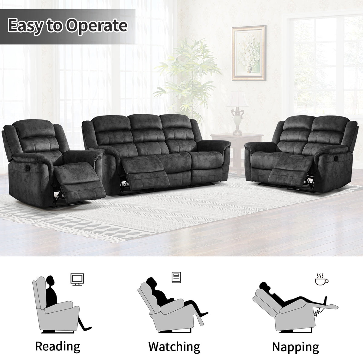  3-Piece Fabric Manual Recliner Sofa Set, Single Chair, Loveseat & 3-Seat Couch for Living Room Furniture
