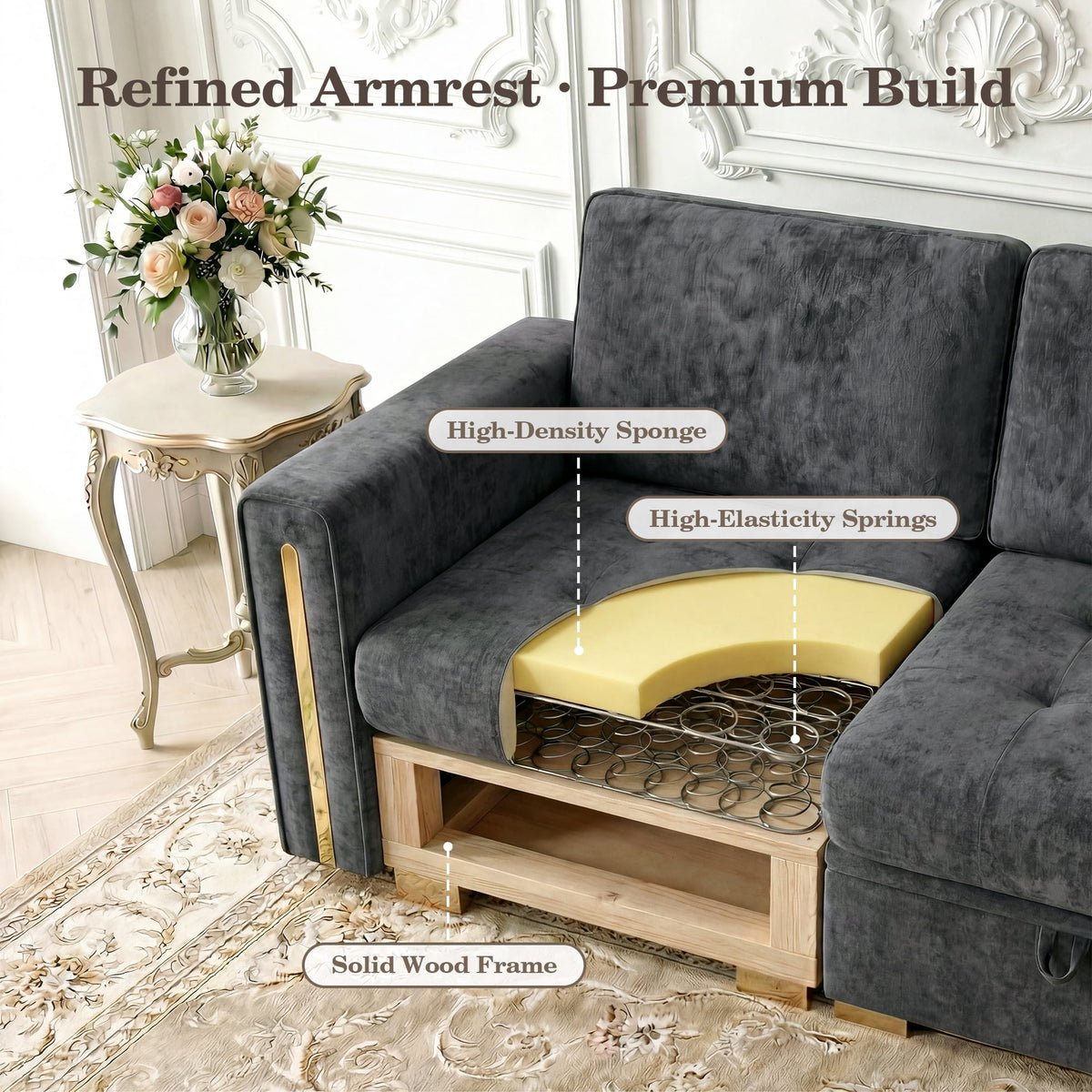 Advwin 126" U-Shaped Oversized Modular Sectional Sofa with Ottoman, Storage Under Each Seat & Gold Metal Accents, 5-Seater Modern Luxury Chenille Convertible Cloud Couch for Living Room, Dark Gray