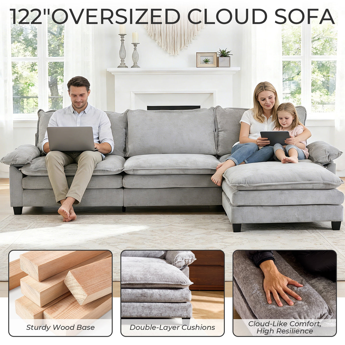  122" W L Shaped Sectional Sofa, Modern Chenille Deep Seat Cloud Couch with Movable Chaise, Plush Living Room Couches for Apartment, 3-Seater Light Gray