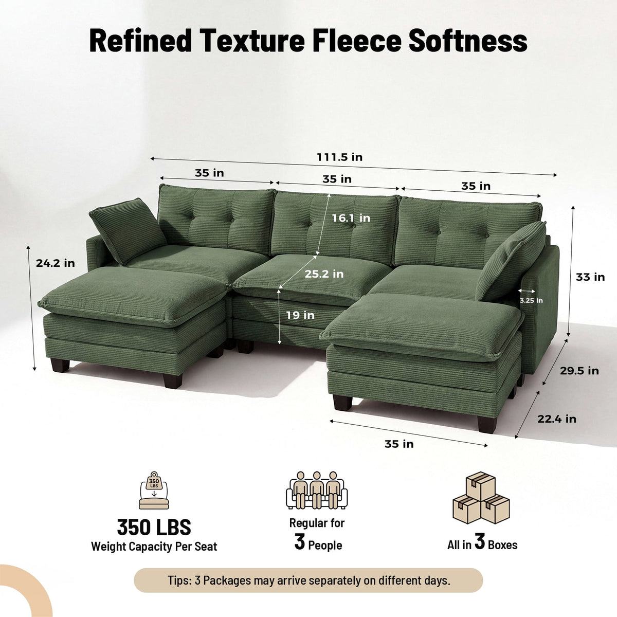 Amsleekey 111.5" Modular Sectional Sofa with 2 Movable Ottomans, U-Shaped Modern Corduroy Cloud Couch for Living Room, Comfy Deep Seat, Green