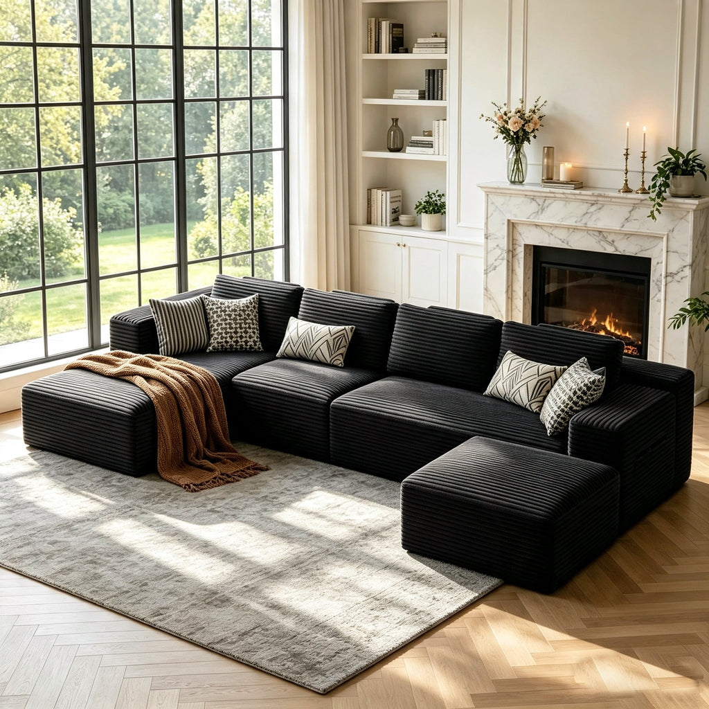 U-Shape Sectional Sofa, 135'' Modular Sectional Couch with Chaise Lounge, Couch Comfy Corduroy Floor Sofa for Living Room, Corduroy Upholstered 4-Seater Sofa with Pillow Back and Square Arms,