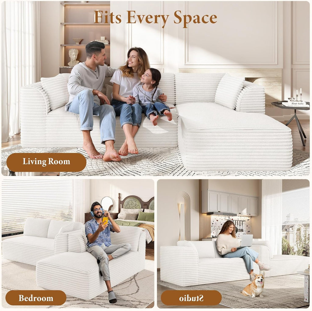  106" Modular Sectional Sofa with Chaise, Deep Seat Comfy Cloud Couch Corduroy L Shaped Sofa Sectional Couches for Living Room Bedroom, No Assembly Required (Beige, Right-Facing Chaise)