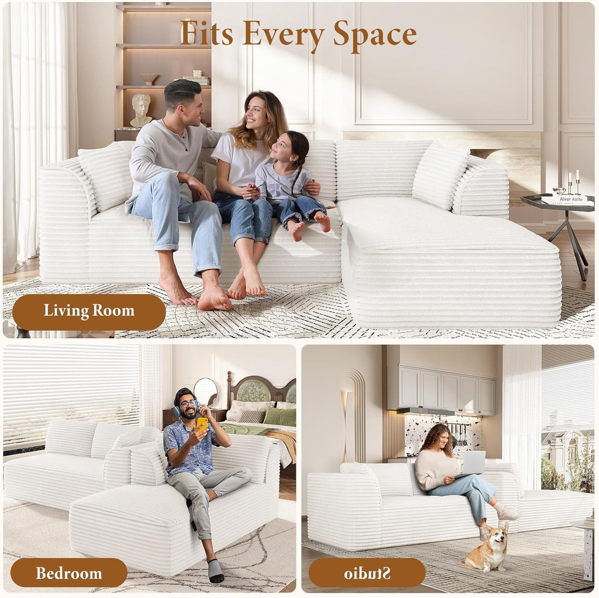  106" Modular Sectional Sofa with Chaise, Deep Seat Comfy Cloud Couch Corduroy L Shaped Sofa Sectional Couches for Living Room Bedroom, No Assembly Required (Beige, Right-Facing Chaise)
