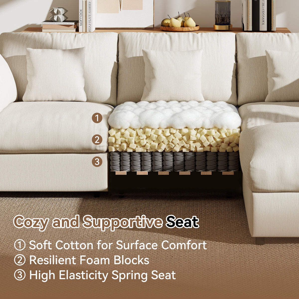  110" Large Modular Sectional Cloud Sofa with Removable Storage Ottoman, Extra Deep Seat Couch, Living Room Furniture, Chenille Beige