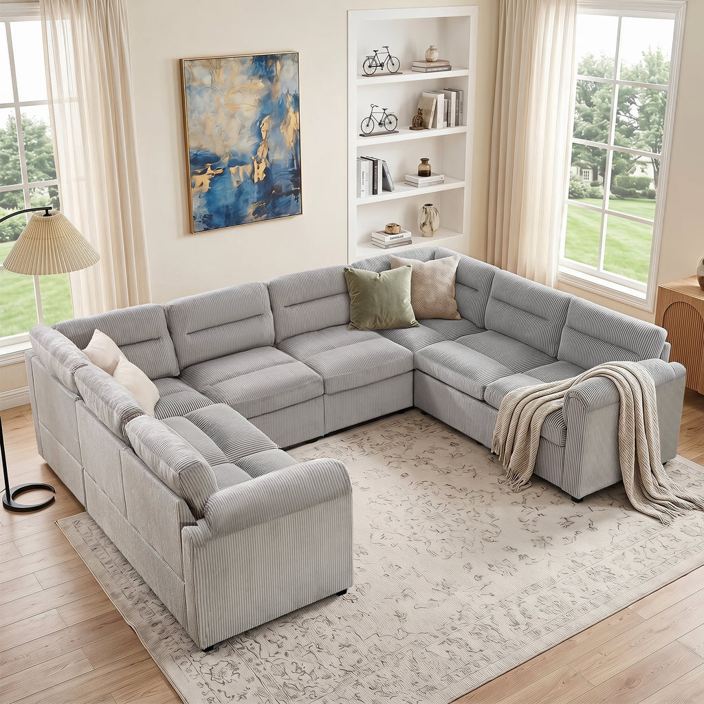  114 inch Sectional Sleeper Sofa with Pull Out Bed Convertible Corduroy Modular Sofa Upholstered Sofa Bed for Living Room Gray