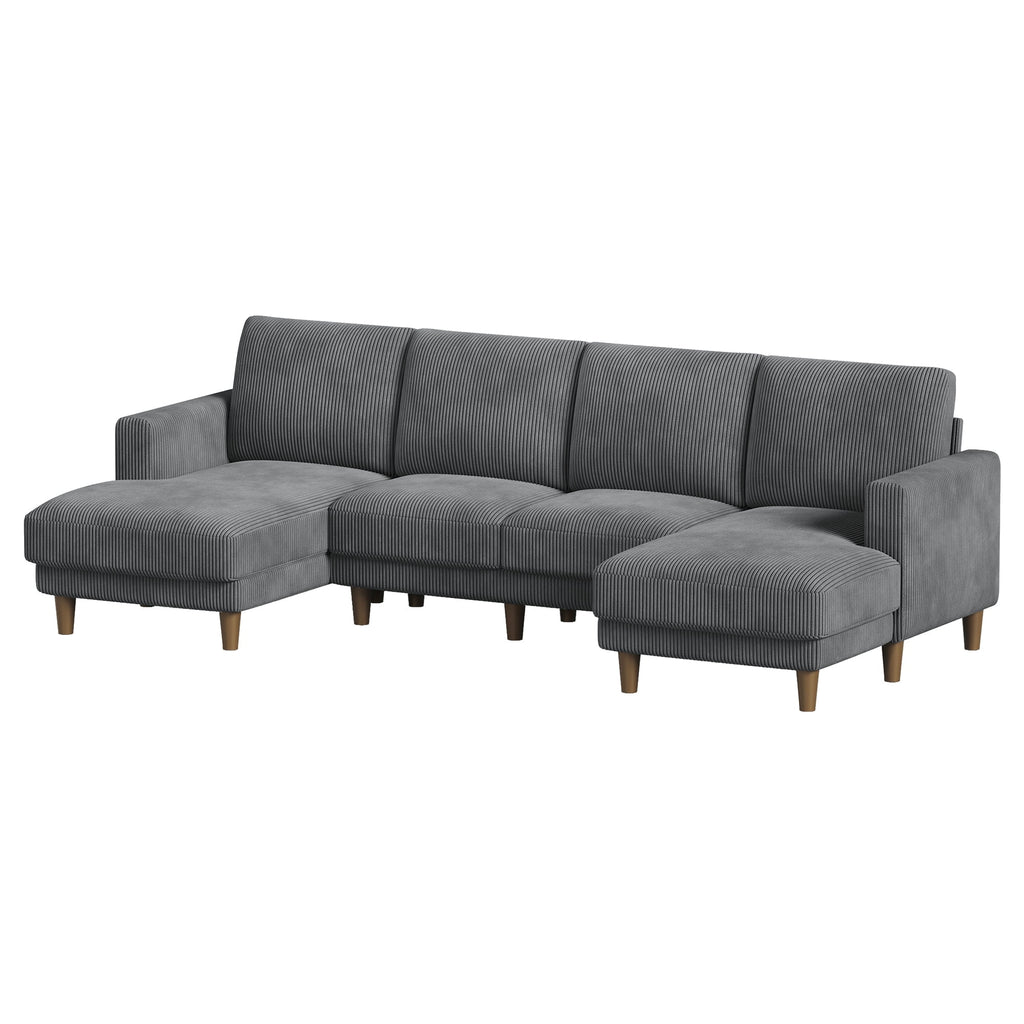 106" Corduroy Sofa for Living Room, U Shaped Couch, Wood Frame, Gray