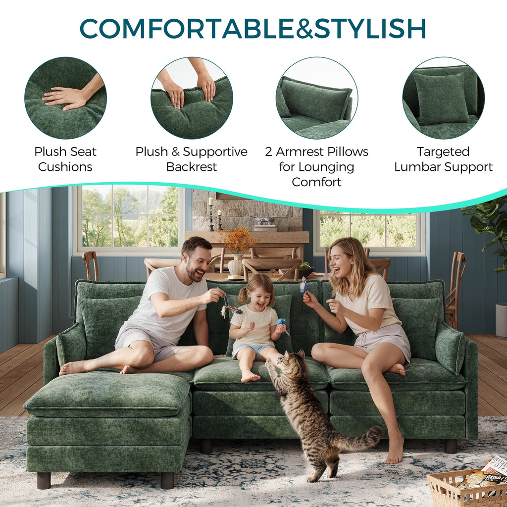  98" L-Shape Modular Sectional Sofa with Moveable Ottoman, Cloud Couch Seats 3 for Living Room, Apartment, Green