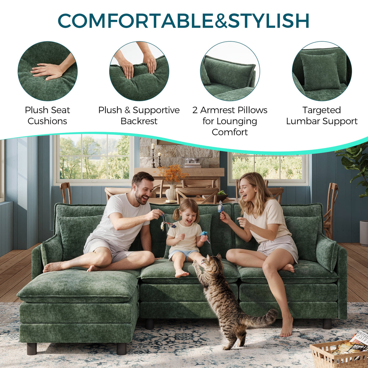  98" L-Shape Modular Sectional Sofa with Moveable Ottoman, Cloud Couch Seats 3 for Living Room, Apartment, Green