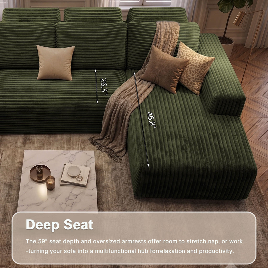 Garaneeds 113" Oversized U Shaped Sectional Sofa for Living Room, Modular Boneless Cloud Couch with Chaise, Corduroy Deep Seat Sofa, High Back Support, No Assembly Required, Green