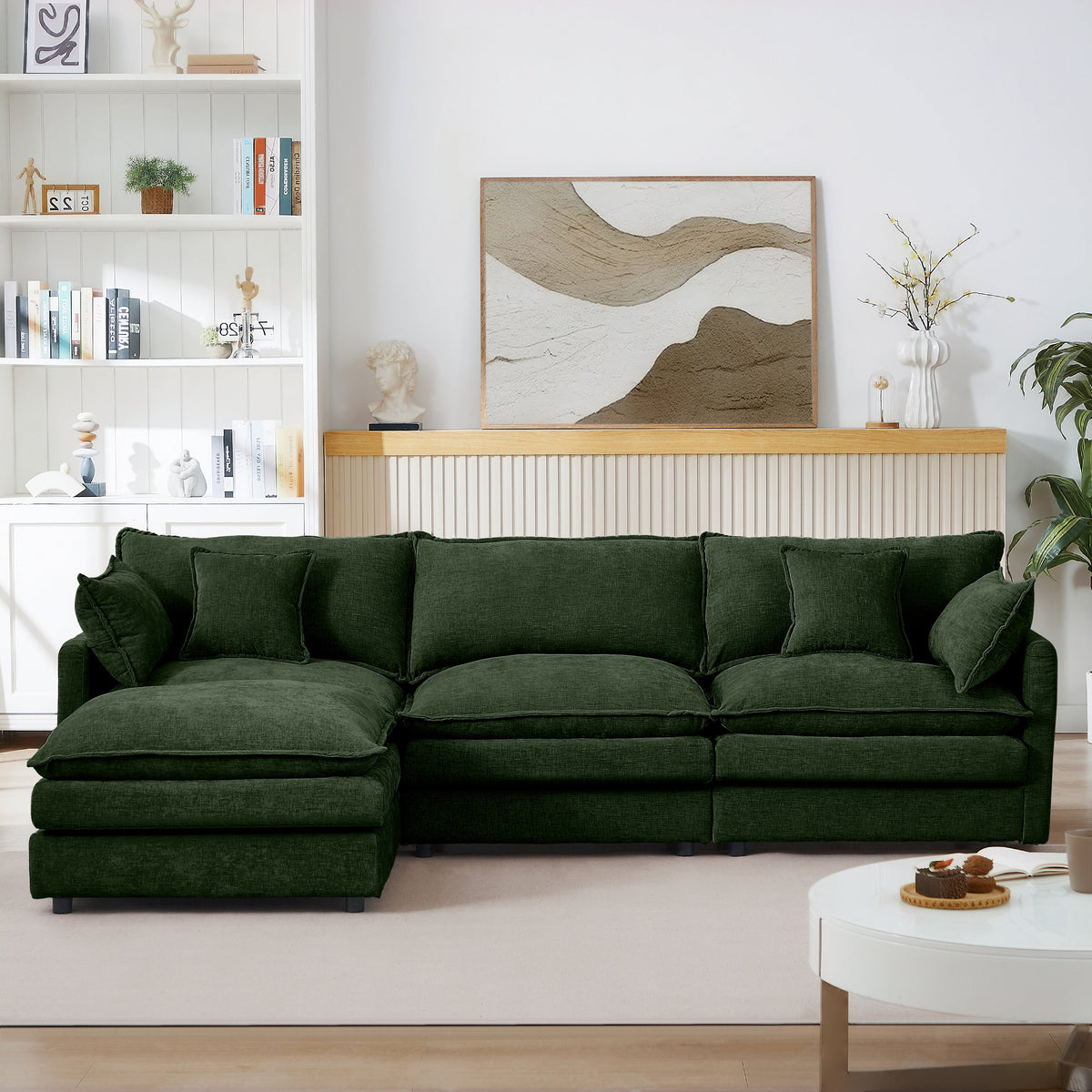 CKEASEAN 102" Chenille Modular Sectional Sofa with Ottoman, 3-Seater L-Shape Cloud Couch with Upholstered & Pillow, Comfy Cloud Sofa for Living Room, Bedroom, Apartment, Office, Easy Assembly