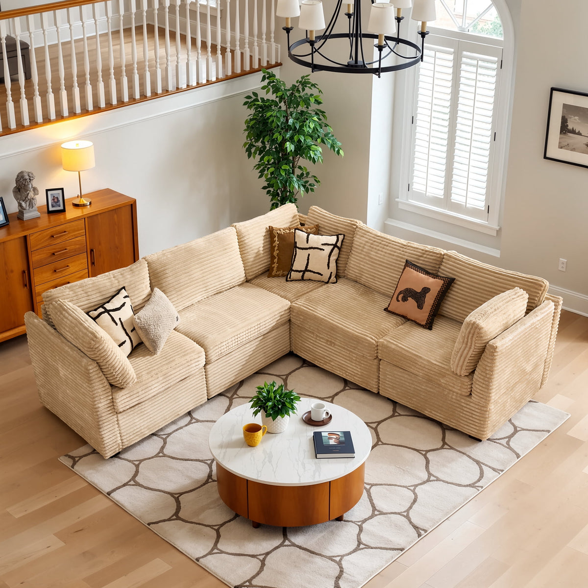  95" Modular Sectional Sofa Deep Seat L-Shaped Cloud Corduroy Couch for Living Room, 5 Seat, Beige
