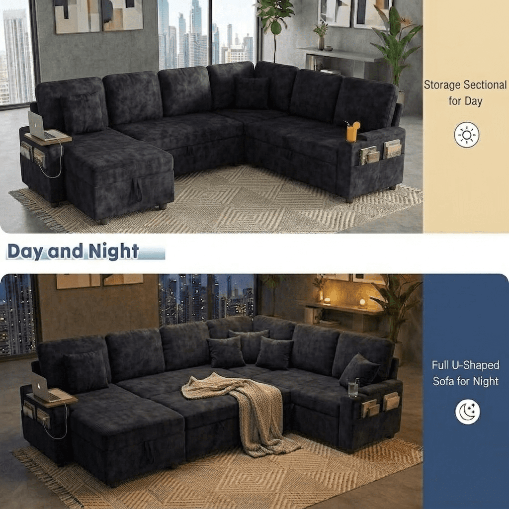 EPOWP 108" Modular Sectional Sleeper Sofa,7-Seater L-Shaped Pull Out Sofa Bed with Adjustable Backrest, Side Table & Charging Ports, Chenille Upholstered Sectional Couch for Living Room,Black