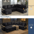 EPOWP 108" Modular Sectional Sleeper Sofa,7-Seater L-Shaped Pull Out Sofa Bed with Adjustable Backrest, Side Table & Charging Ports, Chenille Upholstered Sectional Couch for Living Room,Black