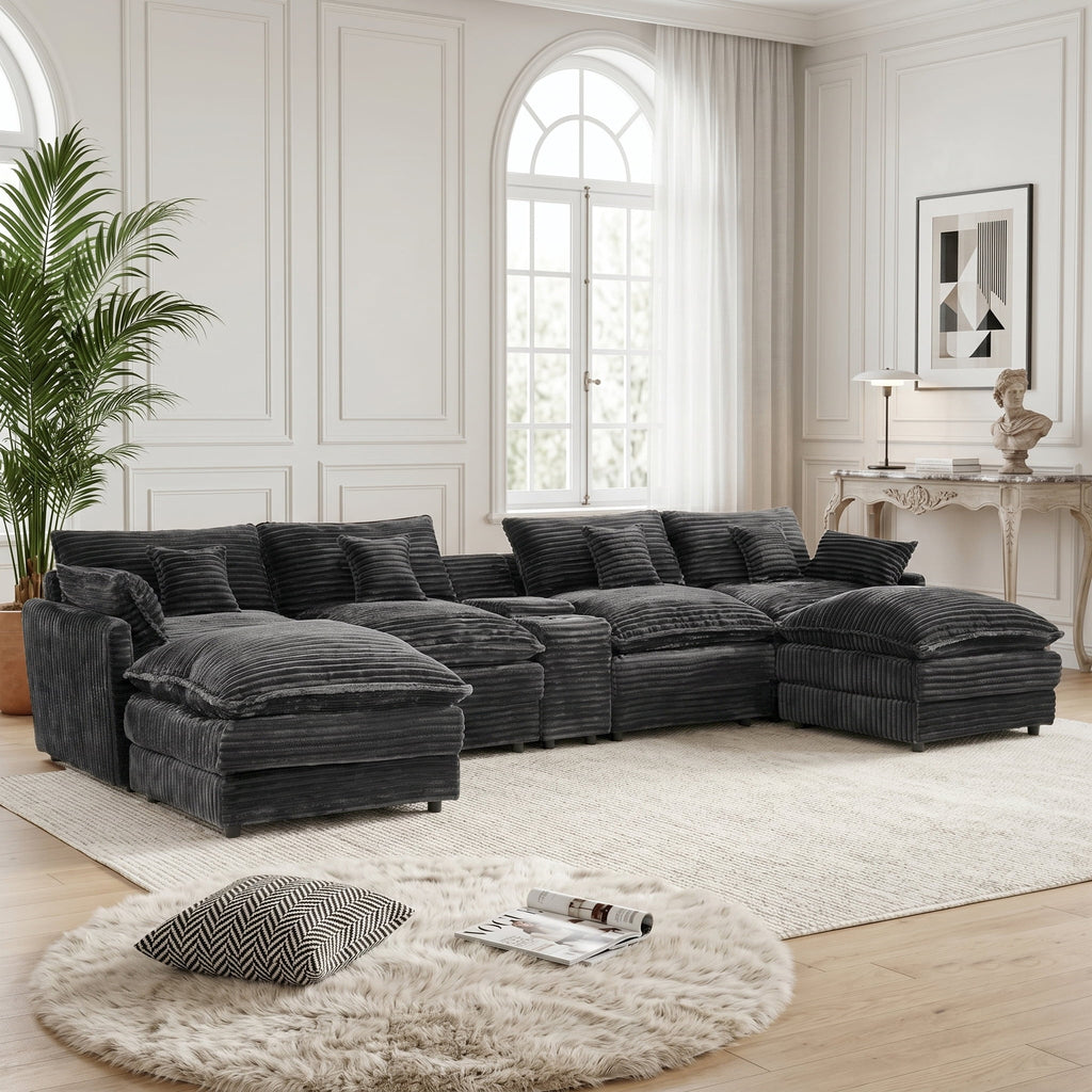 ANPPORT 145" U Shaped Cloud Modular Sectional Sofa, Corduroy Deep Seat Couch with Storage Console, USB Ports & Cup Holders for Living Room, Gray