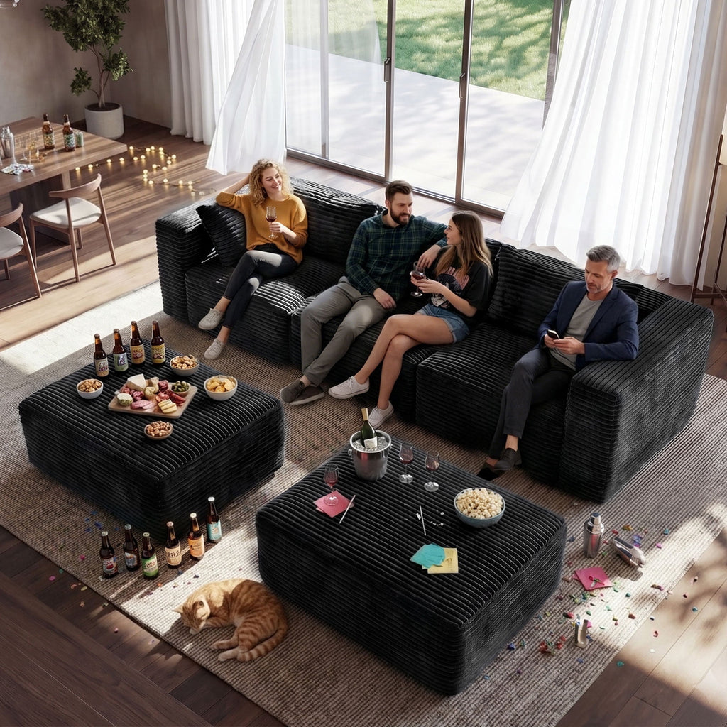 NNSNG 110"U-Shaped Sectional Sofa,5-Seater Boneless Couch Soft Corduroy Fabric Sofa for Living Room,No Assembly Required ,Black