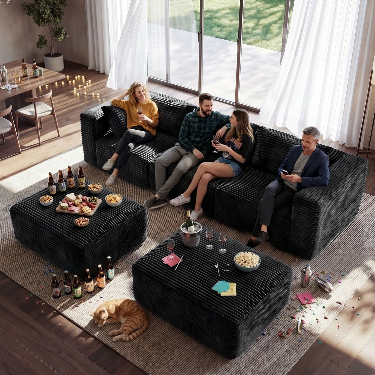 NNSNG 110"U-Shaped Sectional Sofa,5-Seater Boneless Couch Soft Corduroy Fabric Sofa for Living Room,No Assembly Required ,Black