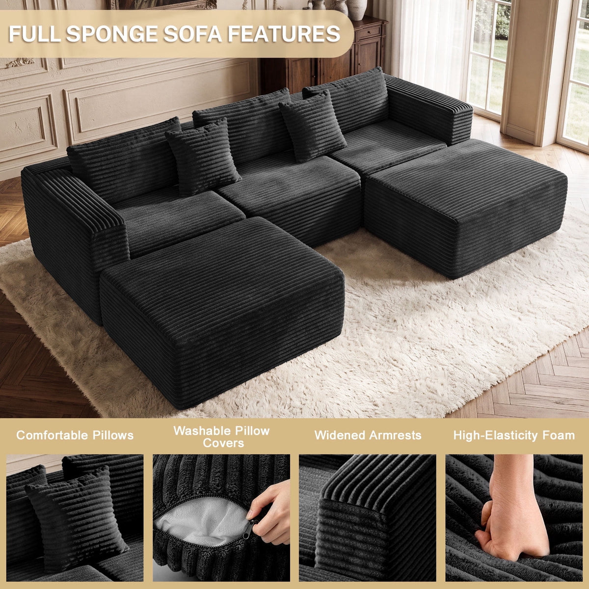 NNSNG 110"U-Shaped Sectional Sofa,5-Seater Boneless Couch Soft Corduroy Fabric Sofa for Living Room,No Assembly Required ,Black